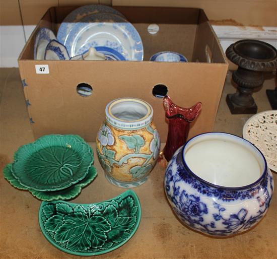 Mixed blue & white ceramics, green leaf plates etc